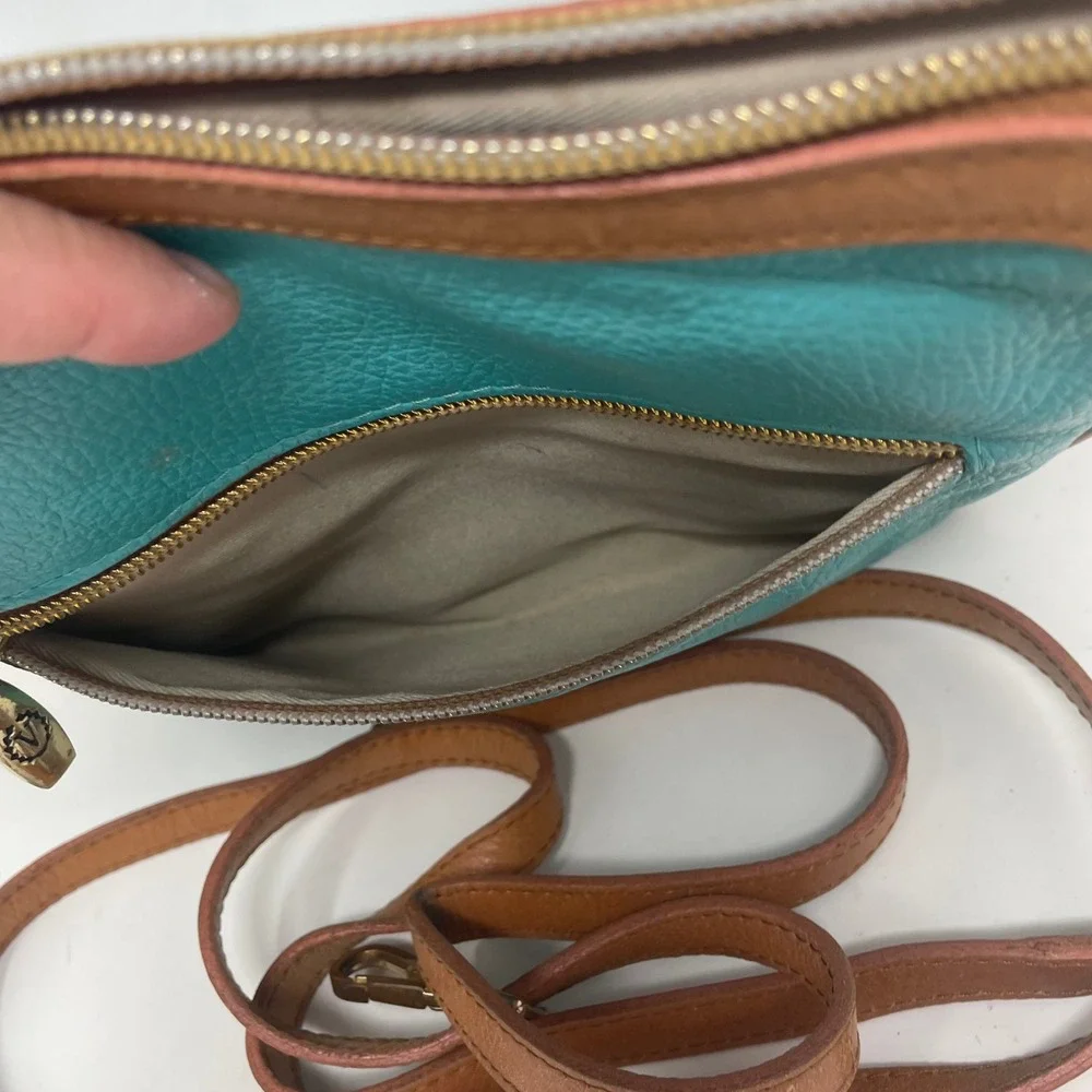Valentina Italy Teal Blue Pebbled Leather Crossbody Bag Brown Trim Messenger